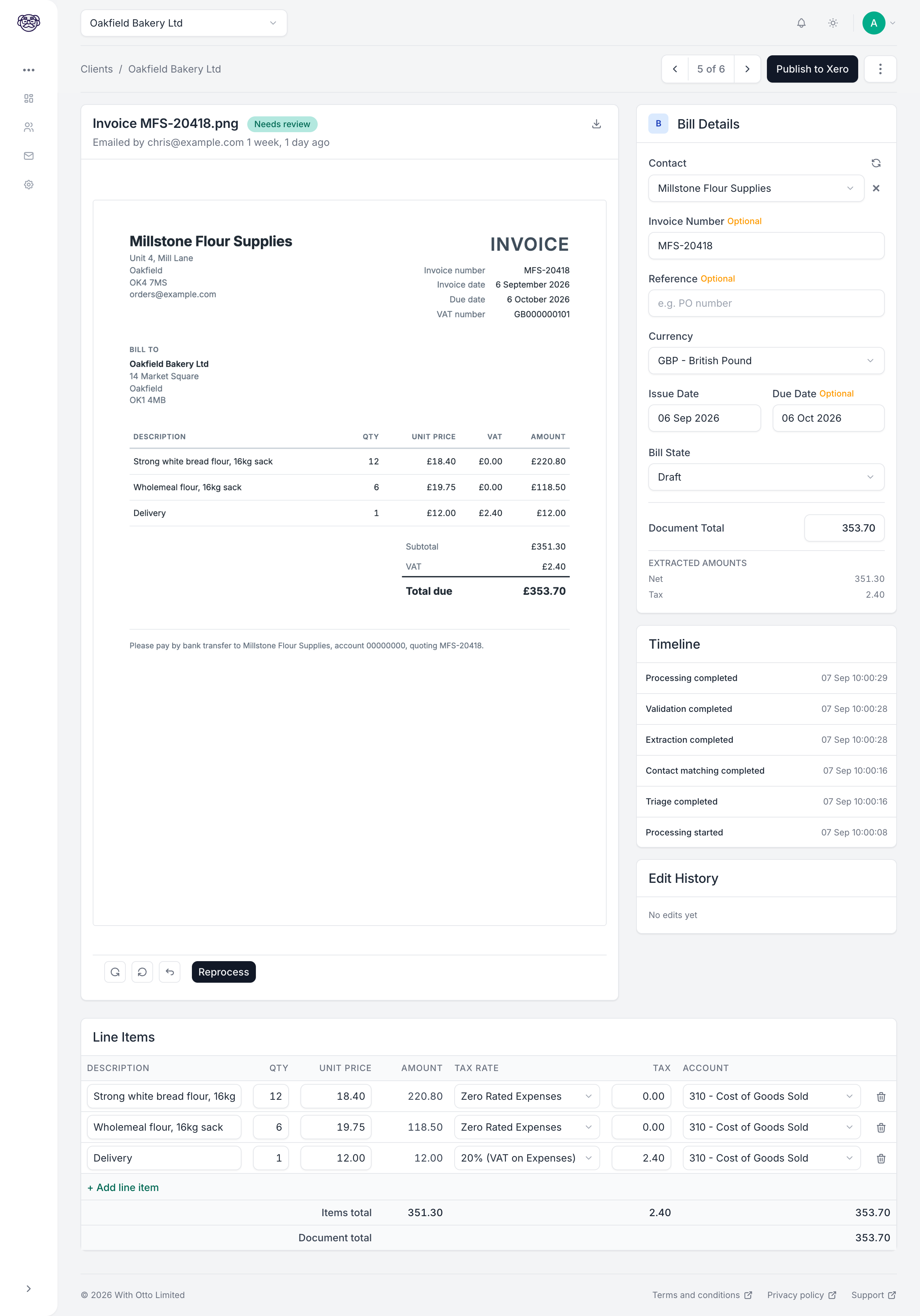 The review screen, with the original document on one side and the extracted fields on the other: supplier, dates, amounts, and the line items with their nominal codes and tax rates. Above them, arrows and the position in the queue, reading 5 of 6