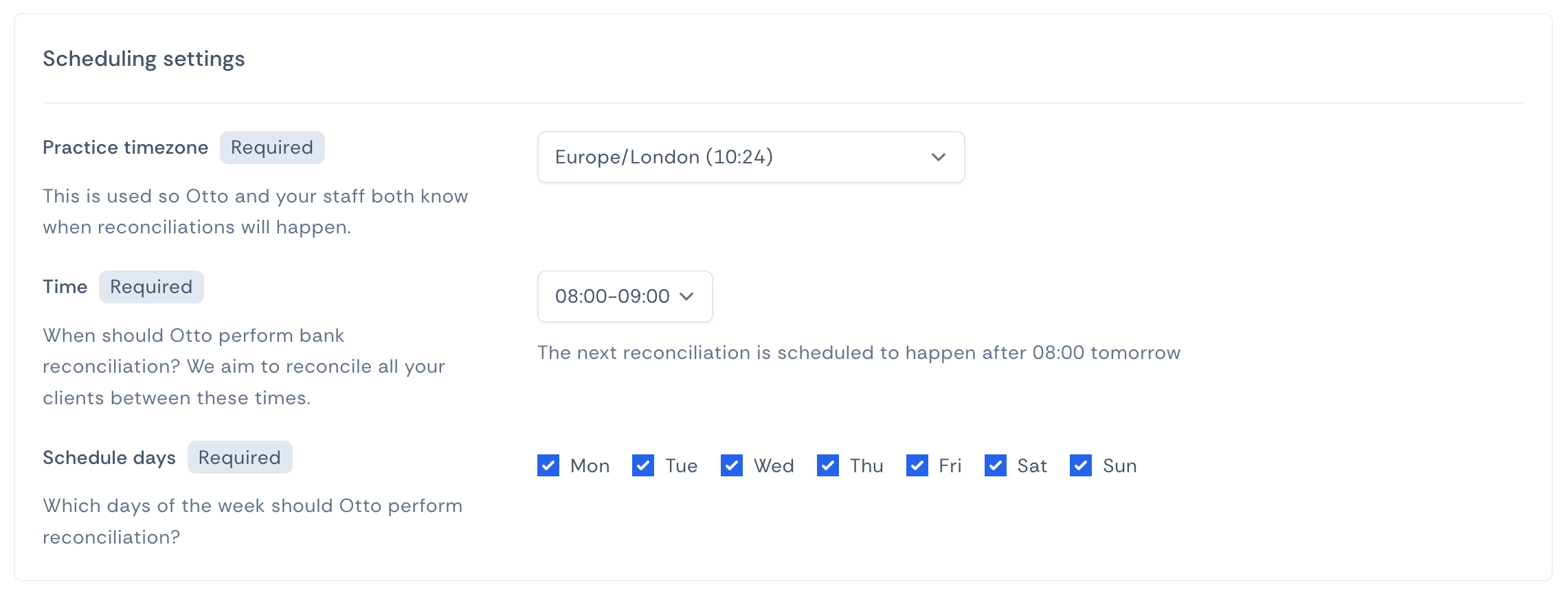 Screenshot of the scheduling settings for the practice