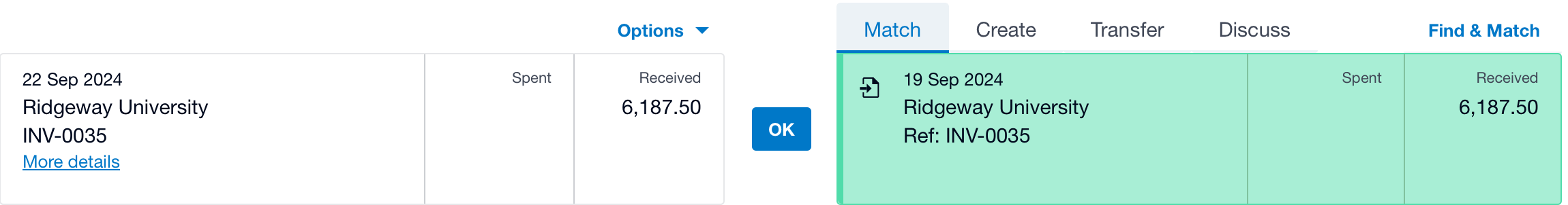 A screenshot showing a single possible match for a bank transaction