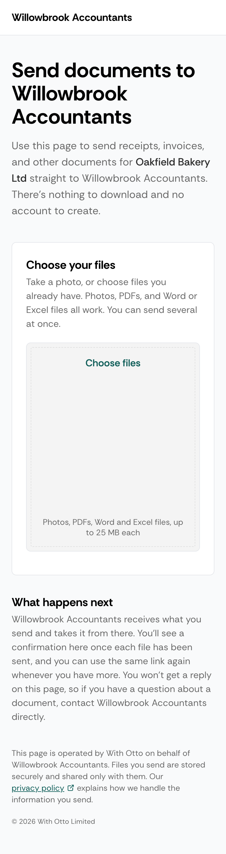 The same page on a phone, with the heading, the Choose files area and the What happens next section stacked down the screen