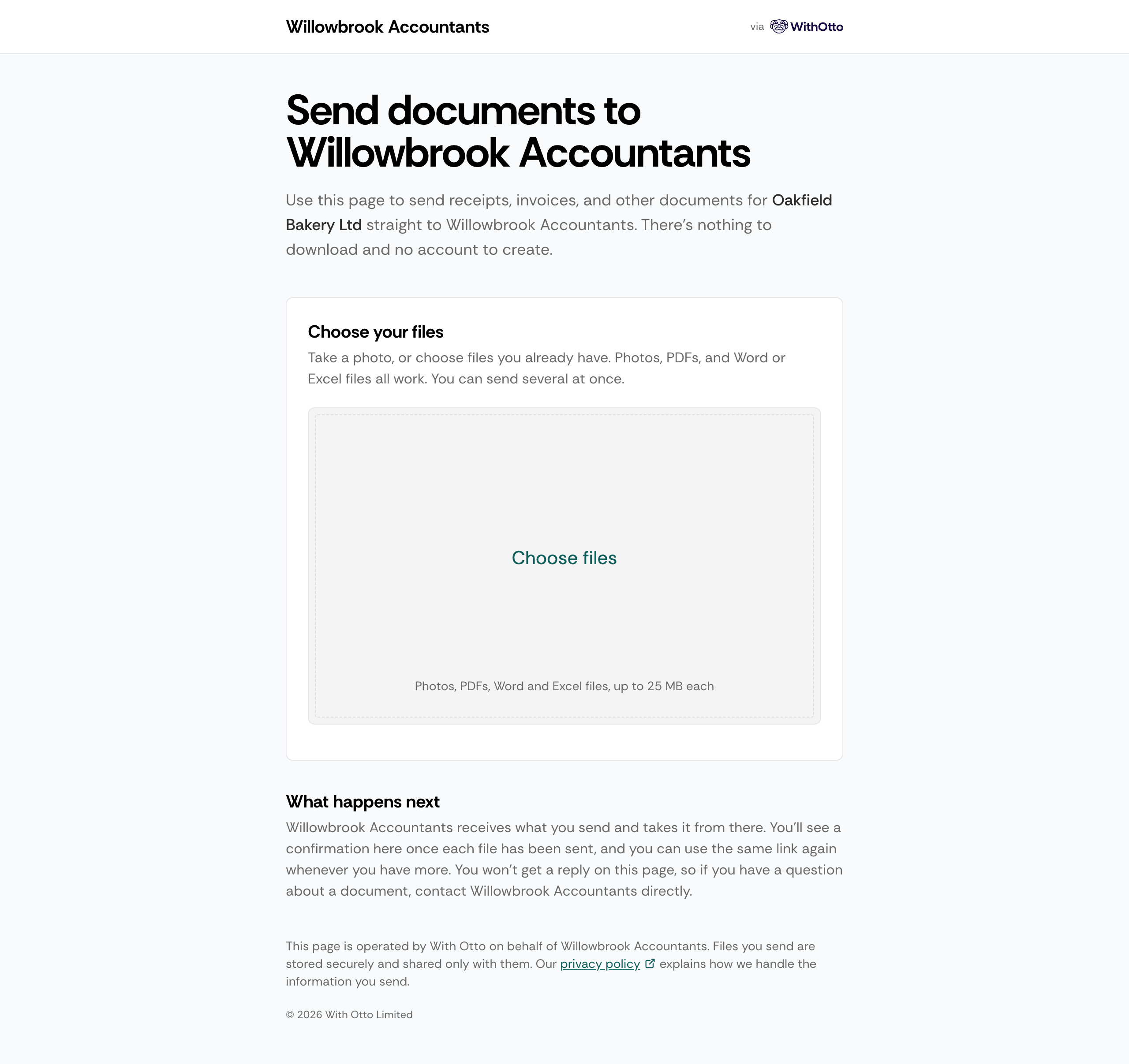 The client submission page as the sender sees it, headed Send documents to Willowbrook Accountants, naming the client it sends for, with a Choose files area and a What happens next section
