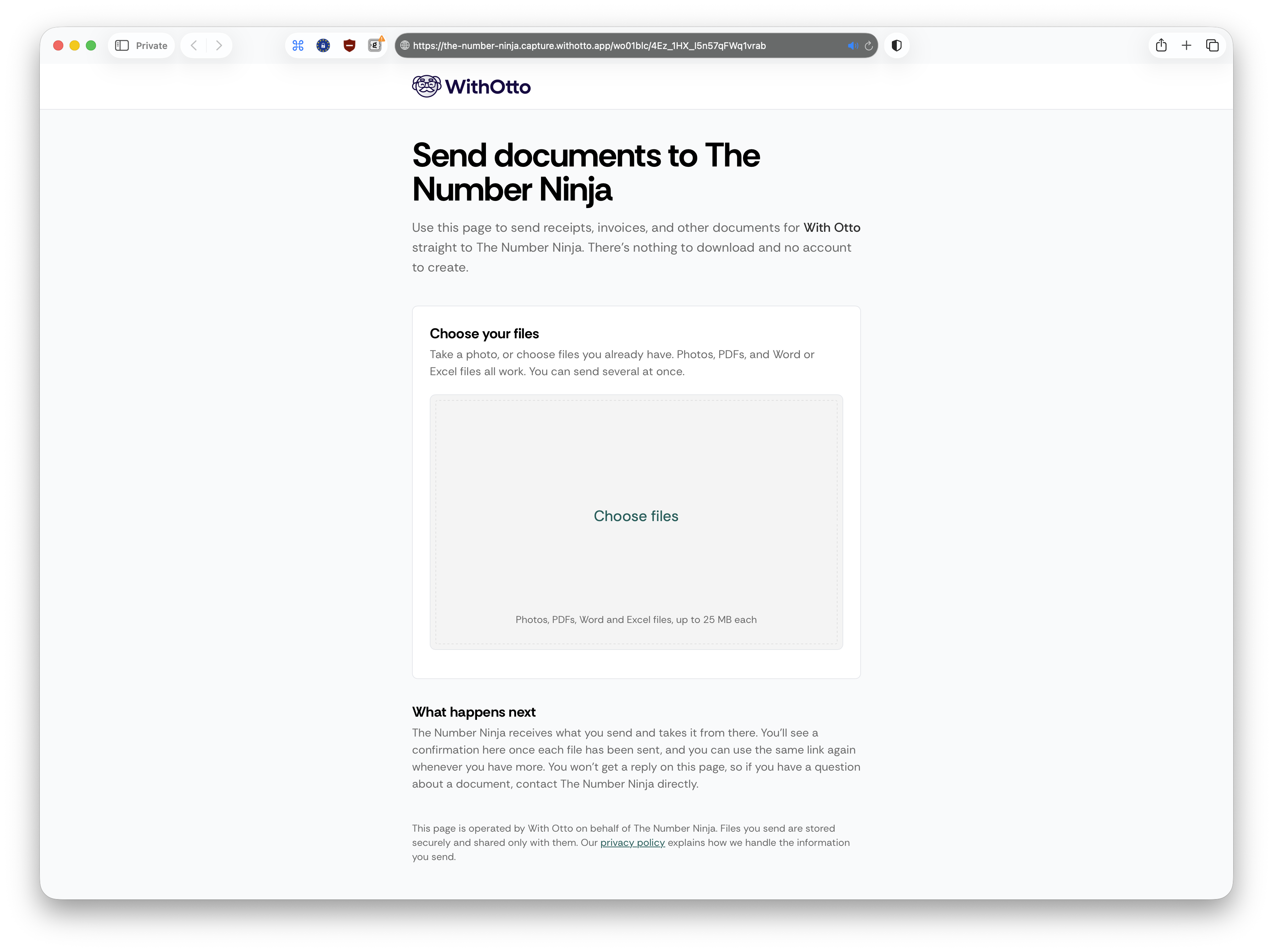 The client submission page as the sender sees it, headed 'Send documents to The Number Ninja', with a file picker and a note explaining what happens after a document is sent. Here The Number Ninja is the practice and With Otto is the client