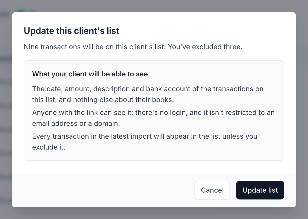 The Update this client's list dialog, saying 11 transactions will be on this client's list and that you've excluded one, above a panel headed What your client will be able to see, with Cancel and Update list buttons