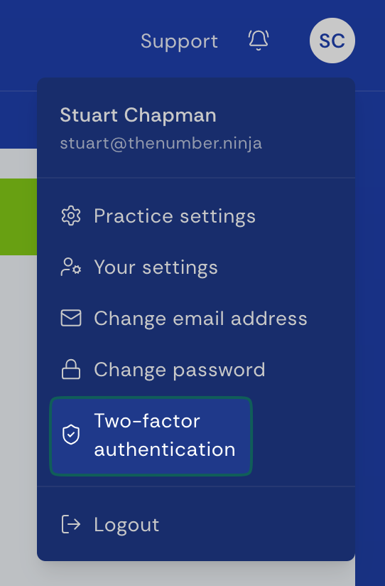 Expanded user menu showing security options including Practice settings, Your settings, email and password changes, and Two-factor authentication