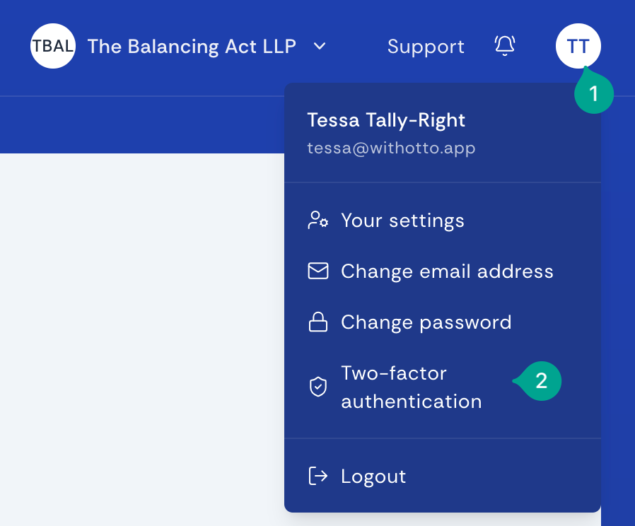 Expanded user menu showing security options including Practice settings, Your settings, email and password changes, and Two-factor authentication