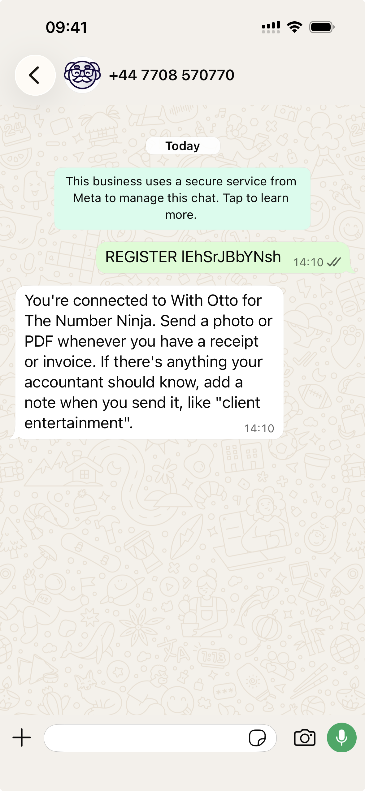 A client's WhatsApp chat showing the registration message being sent and the reply confirming the connection